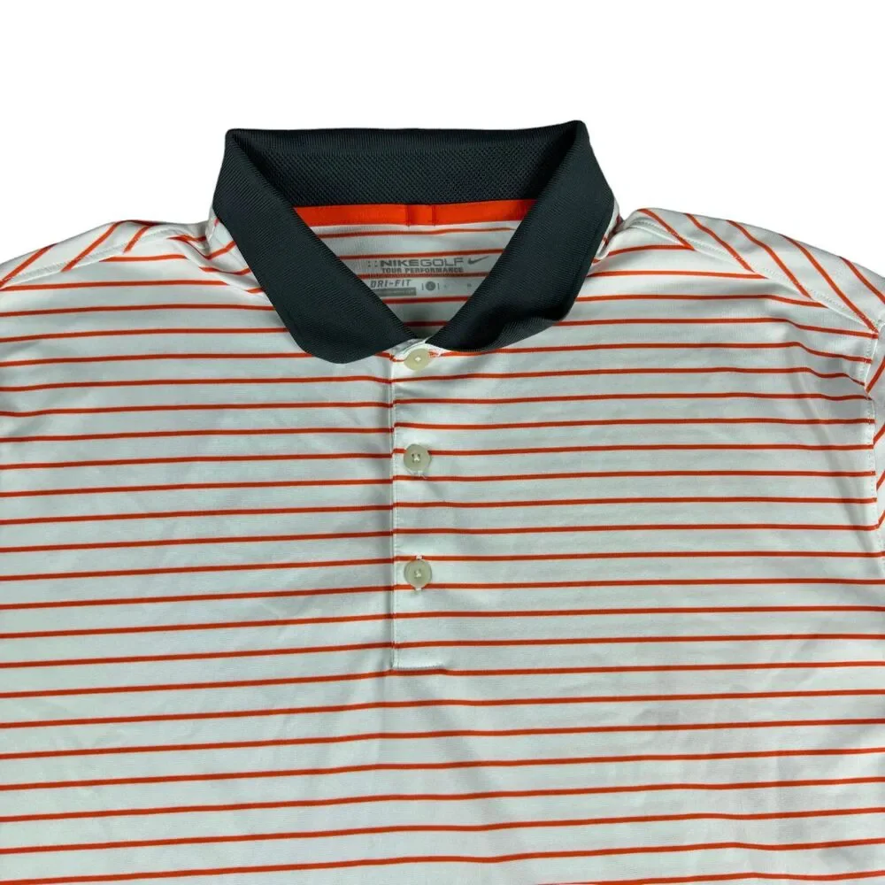 NIKE Golf Polo Shirt Mens Large White Orange Striped Short Sleeve Preppy Sporty
